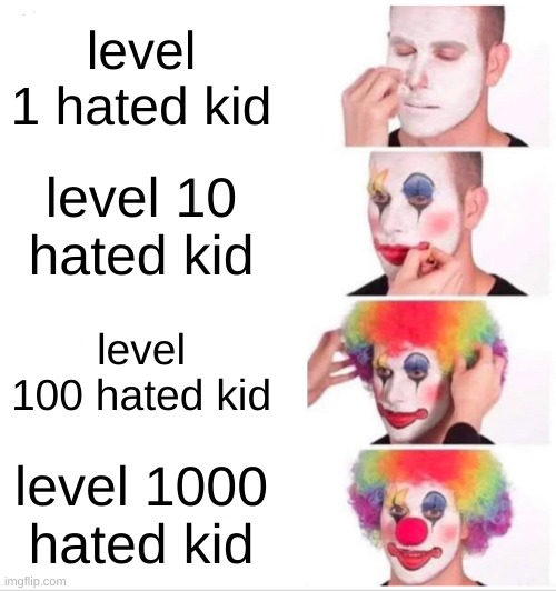 Clown Applying Makeup | level 1 hated kid; level 10 hated kid; level 100 hated kid; level 1000 hated kid | image tagged in memes,clown applying makeup | made w/ Imgflip meme maker