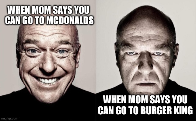 bk vs md | WHEN MOM SAYS YOU  CAN GO TO MCDONALDS; WHEN MOM SAYS YOU CAN GO TO BURGER KING | image tagged in hank | made w/ Imgflip meme maker