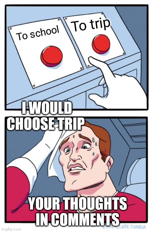 To school or trip | To trip; To school; I WOULD CHOOSE TRIP; YOUR THOUGHTS  IN COMMENTS | image tagged in memes,two buttons | made w/ Imgflip meme maker