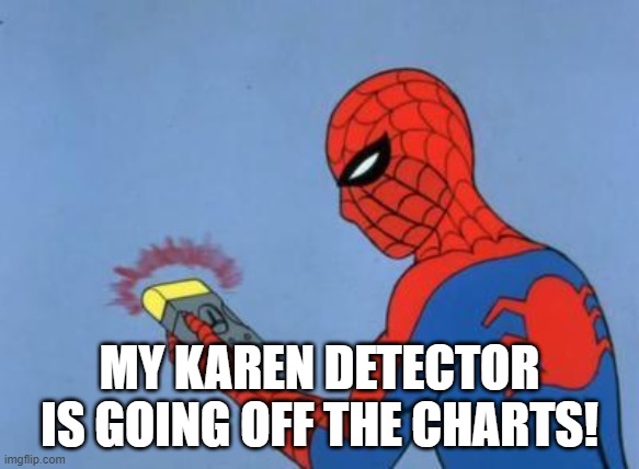 spiderman detector | MY KAREN DETECTOR IS GOING OFF THE CHARTS! | image tagged in spiderman detector | made w/ Imgflip meme maker