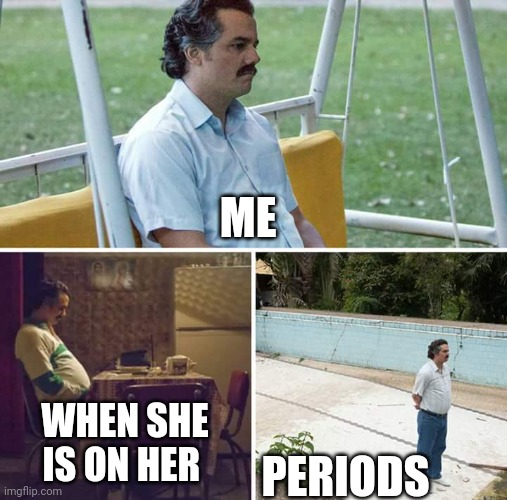 Sad Pablo Escobar Meme | ME; WHEN SHE IS ON HER; PERIODS | image tagged in memes,sad pablo escobar | made w/ Imgflip meme maker