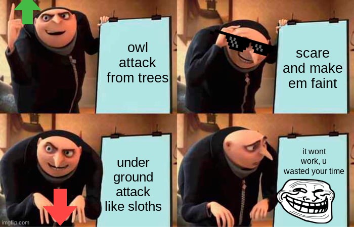Gru's Plan Meme | owl attack from trees; scare and make em faint; it wont work, u wasted your time; under ground attack like sloths | image tagged in memes,gru's plan | made w/ Imgflip meme maker