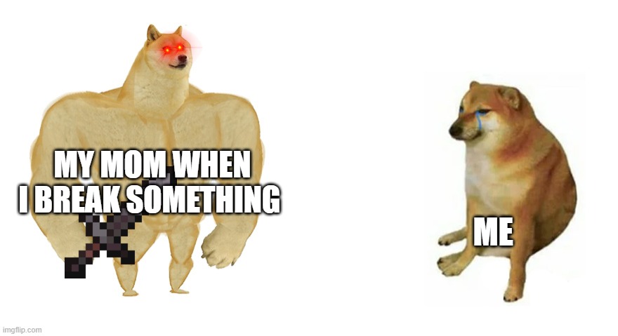 Buff Doge vs Crying Cheems | MY MOM WHEN I BREAK SOMETHING; ME | image tagged in buff doge vs crying cheems | made w/ Imgflip meme maker