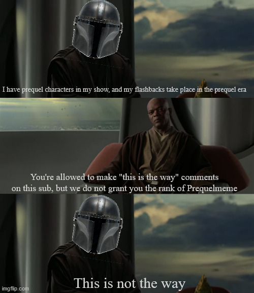 Ironic | I have prequel characters in my show, and my flashbacks take place in the prequel era; You're allowed to make "this is the way" comments on this sub, but we do not grant you the rank of Prequelmeme; This is not the way | image tagged in mandalorian,mace windu,star wars,memes | made w/ Imgflip meme maker