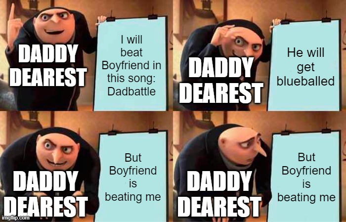 Daddy Dearest's plan - FNF meme | I will beat Boyfriend in this song: Dadbattle; He will get blueballed; DADDY DEAREST; DADDY DEAREST; But Boyfriend is beating me; But Boyfriend is beating me; DADDY DEAREST; DADDY DEAREST | image tagged in memes,gru's plan | made w/ Imgflip meme maker