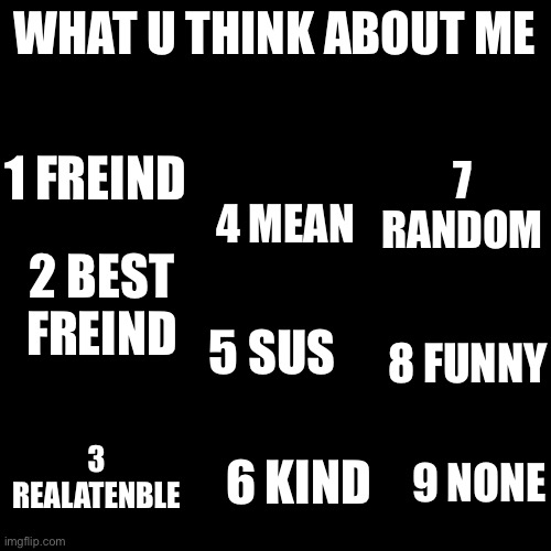 Blank Transparent Square | WHAT U THINK ABOUT ME; 1 FREIND; 7 RANDOM; 4 MEAN; 2 BEST FREIND; 5 SUS; 8 FUNNY; 3 REALATENBLE; 6 KIND; 9 NONE | image tagged in memes,blank transparent square | made w/ Imgflip meme maker