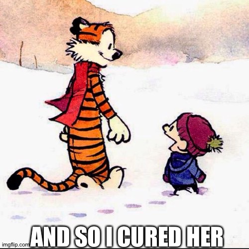 Calvin and hobbs | AND SO I CURED HER | image tagged in calvin and hobbs | made w/ Imgflip meme maker