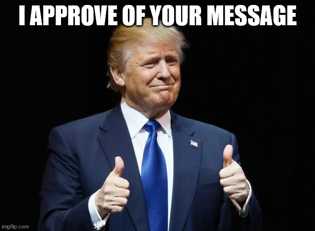Donald Trump Thumbs Up | I APPROVE OF YOUR MESSAGE | image tagged in donald trump thumbs up | made w/ Imgflip meme maker