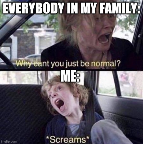 Why Can't You Just Be Normal | EVERYBODY IN MY FAMILY: ME: | image tagged in why can't you just be normal | made w/ Imgflip meme maker