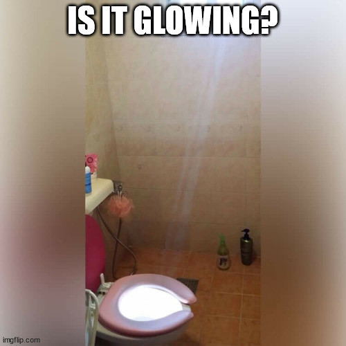 Holy toilet | IS IT GLOWING? | image tagged in holy toilet | made w/ Imgflip meme maker