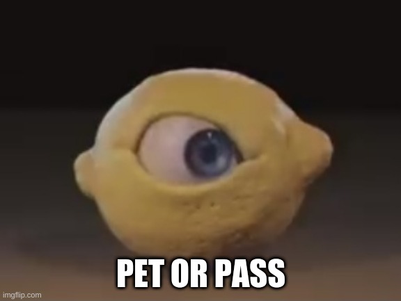 *gives it head pats* pet | PET OR PASS | image tagged in omega mart lemon | made w/ Imgflip meme maker