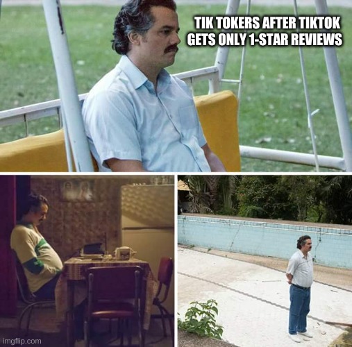 Sad Pablo Escobar | TIK TOKERS AFTER TIKTOK GETS ONLY 1-STAR REVIEWS | image tagged in memes,sad pablo escobar | made w/ Imgflip meme maker