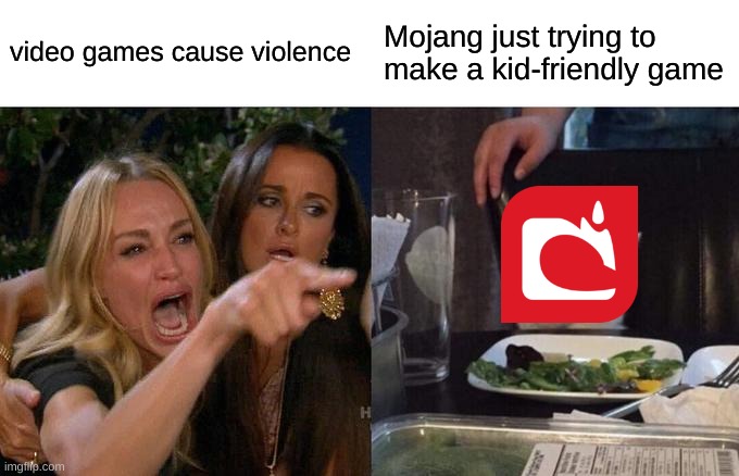 Mojang | video games cause violence; Mojang just trying to make a kid-friendly game | image tagged in memes,woman yelling at cat,mojang | made w/ Imgflip meme maker