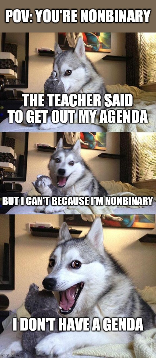 Bad Pun Dog | POV: YOU'RE NONBINARY; THE TEACHER SAID TO GET OUT MY AGENDA; BUT I CAN'T BECAUSE I'M NONBINARY; I DON'T HAVE A GENDA | image tagged in memes,bad pun dog | made w/ Imgflip meme maker