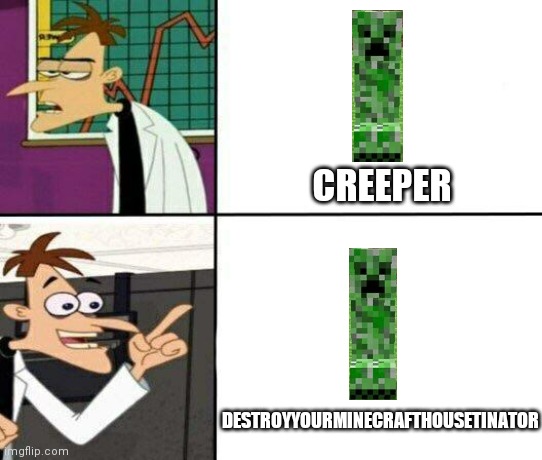 Don't you hate a creeper? | CREEPER; DESTROYYOURMINECRAFTHOUSETINATOR | image tagged in drake but it's doofenshmirtz | made w/ Imgflip meme maker