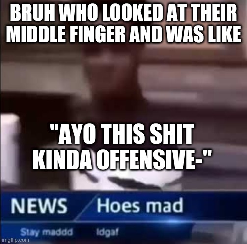justathought | BRUH WHO LOOKED AT THEIR MIDDLE FINGER AND WAS LIKE; "AYO THIS SHIT KINDA OFFENSIVE-" | image tagged in hoes mad | made w/ Imgflip meme maker