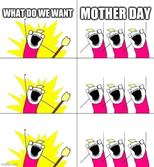 What Do We Want 3 Meme | WHAT DO WE WANT MOTHER DAY | image tagged in memes,what do we want 3 | made w/ Imgflip meme maker