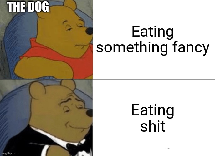 Tuxedo Winnie The Pooh Meme | Eating something fancy Eating shit THE DOG | image tagged in memes,tuxedo winnie the pooh | made w/ Imgflip meme maker