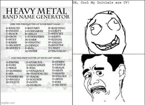 What is YOUR Heavy Metal Band Name from this? mine was Troubled Soldier | image tagged in rage comics,memes | made w/ Imgflip meme maker