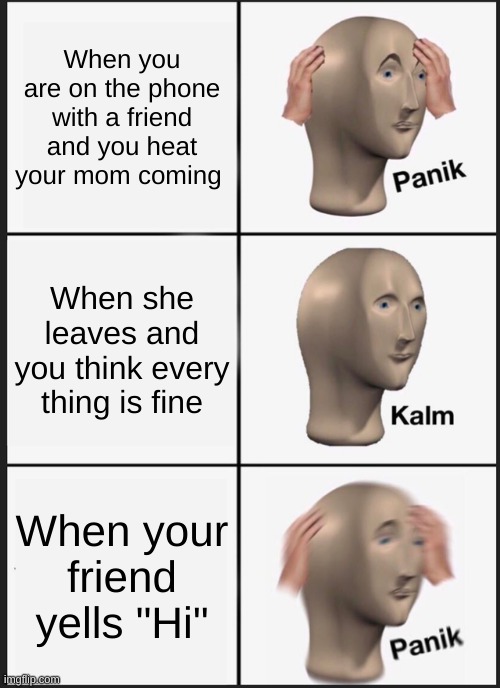 Panik Kalm Panik | When you are on the phone with a friend and you heat your mom coming; When she leaves and you think every thing is fine; When your friend yells "Hi" | image tagged in memes,panik kalm panik | made w/ Imgflip meme maker