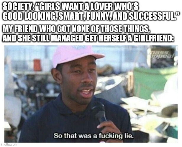 meanwhile im still single and i frickin introduced them. |  SOCIETY: "GIRLS WANT A LOVER WHO'S GOOD LOOKING, SMART, FUNNY, AND SUCCESSFUL."; MY FRIEND WHO GOT NONE OF THOSE THINGS, AND SHE STILL MANAGED GET HERSELF A GIRLFRIEND: | image tagged in so that was a f---ing lie,lgbtq,forever alone,why are you reading this,read another meme,funnies only | made w/ Imgflip meme maker