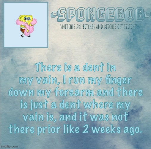 Should I be concerned | There is a dent in my vain, I run my finger down my forearm and there is just a dent where my vain is, and it was not there prior like 2 weeks ago. | image tagged in sponge temp | made w/ Imgflip meme maker