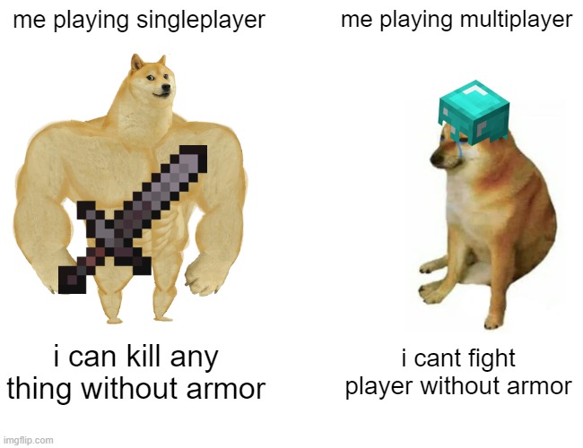 Buff Doge vs. Cheems Meme | me playing singleplayer; me playing multiplayer; i can kill any thing without armor; i cant fight player without armor | image tagged in memes,buff doge vs cheems | made w/ Imgflip meme maker
