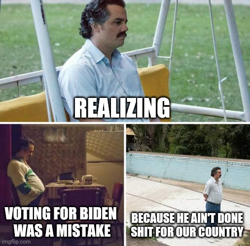 Sad Pablo Escobar | REALIZING; VOTING FOR BIDEN 
WAS A MISTAKE; BECAUSE HE AIN'T DONE

SHIT FOR OUR COUNTRY | image tagged in memes,sad pablo escobar | made w/ Imgflip meme maker