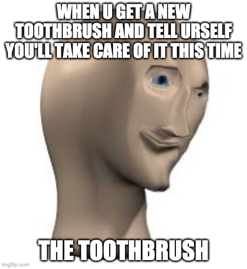 Messed up stonk face | WHEN U GET A NEW TOOTHBRUSH AND TELL URSELF YOU'LL TAKE CARE OF IT THIS TIME; THE TOOTHBRUSH | image tagged in messed up stonk face | made w/ Imgflip meme maker