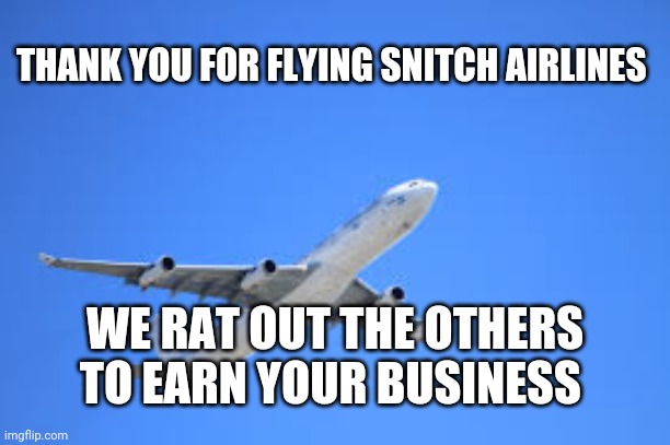 The Airplane | THANK YOU FOR FLYING SNITCH AIRLINES; WE RAT OUT THE OTHERS TO EARN YOUR BUSINESS | image tagged in the airplane | made w/ Imgflip meme maker