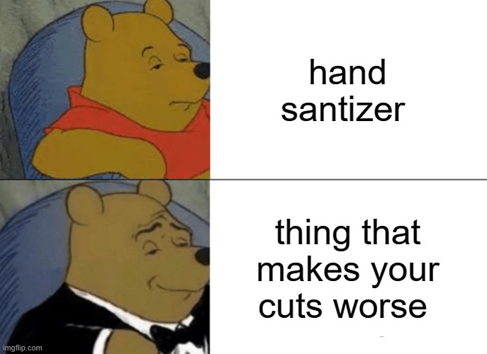 Tuxedo Winnie The Pooh | hand santizer; thing that makes your cuts worse | image tagged in memes,tuxedo winnie the pooh | made w/ Imgflip meme maker