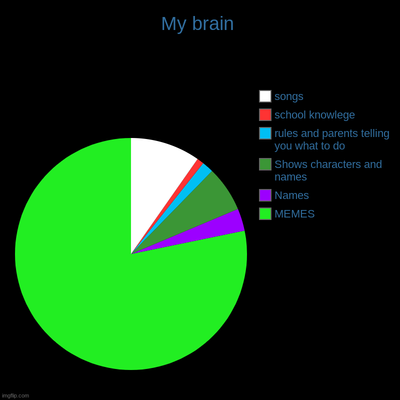 My brain | MEMES, Names, Shows characters and names, rules and parents telling you what to do, school knowlege, songs | image tagged in charts,pie charts | made w/ Imgflip chart maker