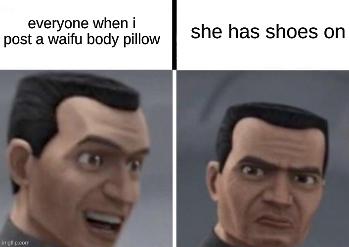 Clone Trooper faces | everyone when i post a waifu body pillow; she has shoes on | image tagged in clone trooper faces | made w/ Imgflip meme maker