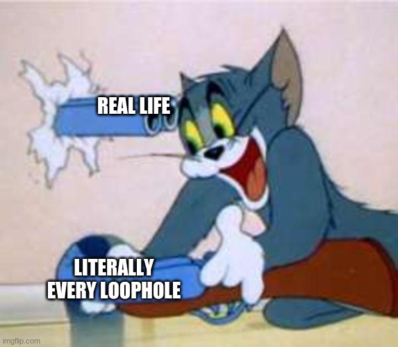 oof | REAL LIFE; LITERALLY EVERY LOOPHOLE | image tagged in tom the cat shooting himself | made w/ Imgflip meme maker
