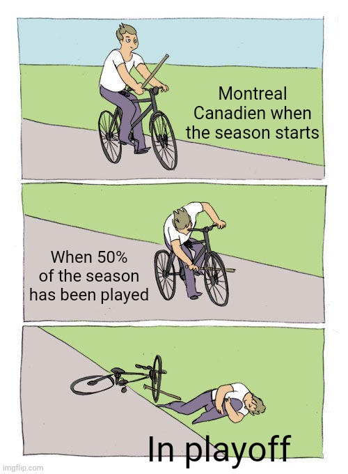 Bike Fall | Montreal Canadien when the season starts; When 50% of the season has been played; In playoff | image tagged in memes,bike fall,sports | made w/ Imgflip meme maker