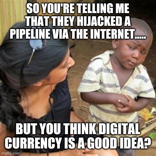 Politics and stuff | SO YOU'RE TELLING ME THAT THEY HIJACKED A PIPELINE VIA THE INTERNET..... BUT YOU THINK DIGITAL CURRENCY IS A GOOD IDEA? | image tagged in so youre telling me | made w/ Imgflip meme maker