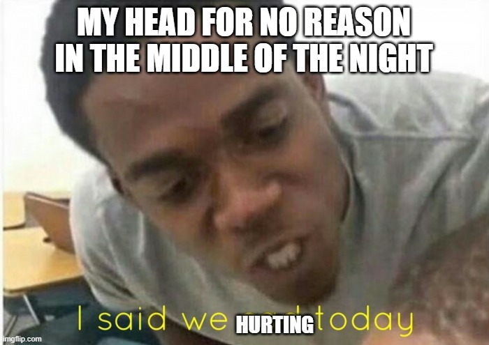 the pain :') | MY HEAD FOR NO REASON IN THE MIDDLE OF THE NIGHT; HURTING | image tagged in i said we ____ today | made w/ Imgflip meme maker