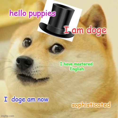 Doge Meme | hello puppies; I am doge; I have mastered
 English; I  doge am now; sophisticated | image tagged in memes,doge | made w/ Imgflip meme maker