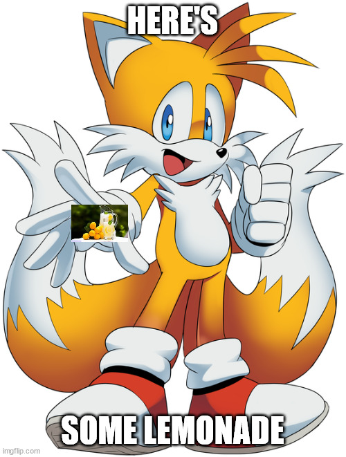 tails (cartoon) | HERE'S SOME LEMONADE | image tagged in tails | made w/ Imgflip meme maker