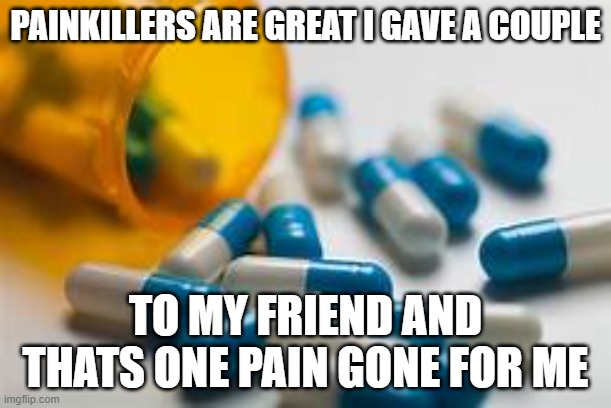 this is rude-....ish | PAINKILLERS ARE GREAT I GAVE A COUPLE; TO MY FRIEND AND THATS ONE PAIN GONE FOR ME | made w/ Imgflip meme maker
