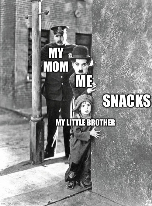 Why don't people ever look behind them? | MY MOM; ME; SNACKS; MY LITTLE BROTHER | image tagged in why don't people ever look behind them | made w/ Imgflip meme maker