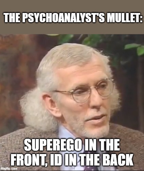 The psychoanalyst's mullet | THE PSYCHOANALYST'S MULLET:; SUPEREGO IN THE FRONT, ID IN THE BACK | image tagged in funny,sigmund freud,psychology,psychologist | made w/ Imgflip meme maker