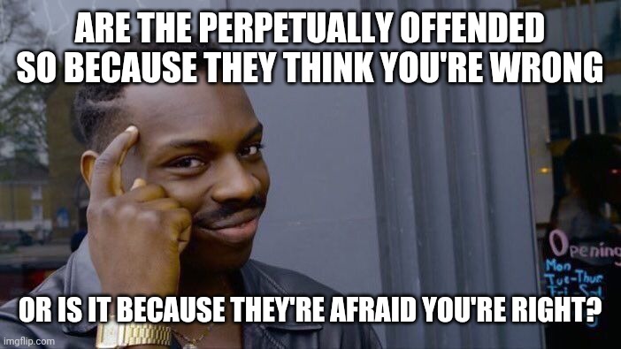 Perpetually offended | ARE THE PERPETUALLY OFFENDED SO BECAUSE THEY THINK YOU'RE WRONG; OR IS IT BECAUSE THEY'RE AFRAID YOU'RE RIGHT? | image tagged in memes,roll safe think about it,leftists,offended,cancel culture | made w/ Imgflip meme maker