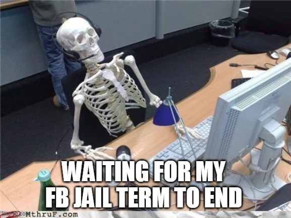 FB JAIL | WAITING FOR MY FB JAIL TERM TO END | image tagged in waiting skeleton,facebook,jail | made w/ Imgflip meme maker