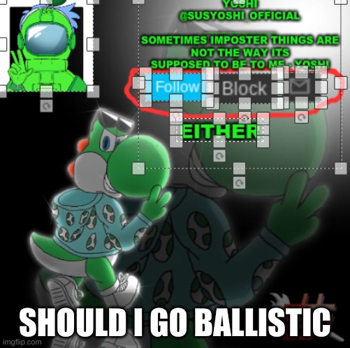 Yoshi_Official Announcement Temp v3 | SHOULD I GO BALLISTIC | image tagged in yoshi_official announcement temp v3 | made w/ Imgflip meme maker