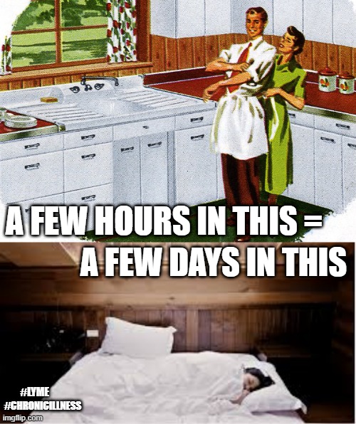 Hours of chores = days in bed (Chronic Illness / Lyme Meme) | A FEW HOURS IN THIS =; A FEW DAYS IN THIS; #LYME; #CHRONICILLNESS | image tagged in clean kitchen | made w/ Imgflip meme maker