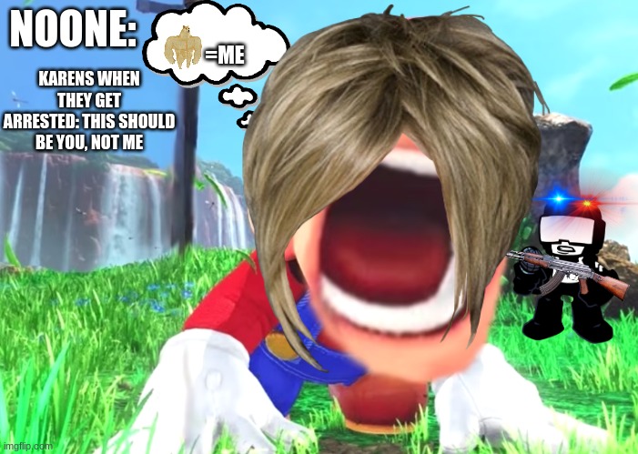 Mario screaming | NOONE:; KARENS WHEN THEY GET ARRESTED: THIS SHOULD BE YOU, NOT ME; =ME | image tagged in mario screaming | made w/ Imgflip meme maker