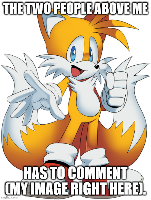 tails (cartoon) | THE TWO PEOPLE ABOVE ME; HAS TO COMMENT (MY IMAGE RIGHT HERE). | image tagged in tails | made w/ Imgflip meme maker