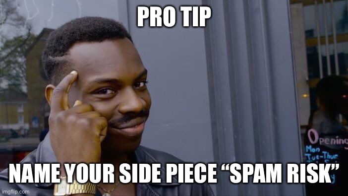 Roll Safe Think About It Meme | PRO TIP; NAME YOUR SIDE PIECE “SPAM RISK” | image tagged in memes,roll safe think about it | made w/ Imgflip meme maker