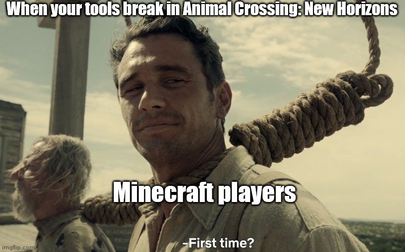 Island life sucks | When your tools break in Animal Crossing: New Horizons; Minecraft players | image tagged in first time,minecraft,animal crossing,i need a girlfriend,i'm actually serious,plz help me | made w/ Imgflip meme maker